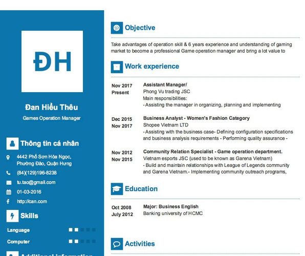 Mẫu CV Games Operation Manager