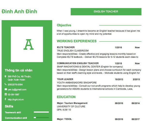 Mẫu CV ENGLISH TEACHER