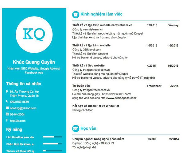 Mẫu CV Nhân viên SEO Website, Google Adword, Facebook Ads