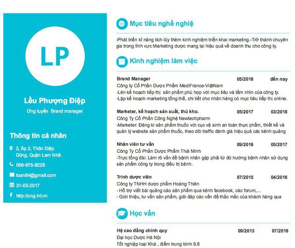 Mẫu CV Ứng tuyển  Brand manager