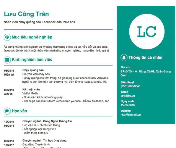 Gợi ý cách viết Mẫu CV tham khảo Nhân viên chạy quảng cáo Facebook ads, zalo ads