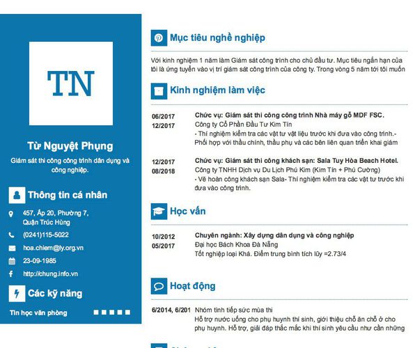 Mẫu CV Giám sát thi công công trình dân dụng và công nghiệp.