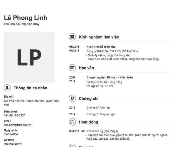 Mẫu CV Thủ kho siêu thị điện máy