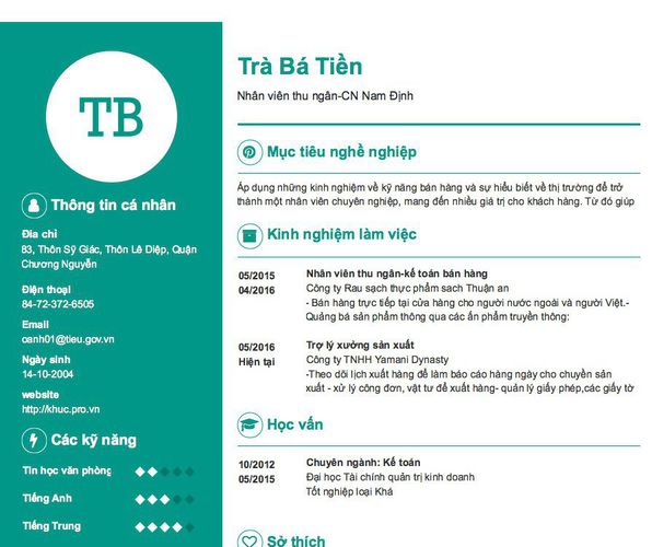 Mẫu CV Nhân viên thu ngân-CN Nam Định