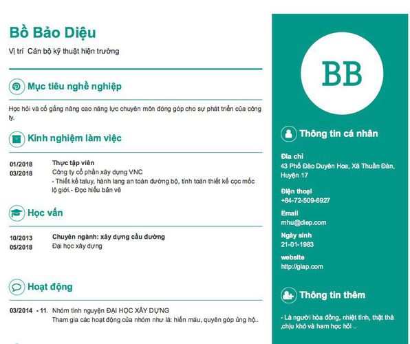 Gợi ý cách viết Mẫu CV tham khảo Vị trí  Cán bộ kỹ thuật hiện trường