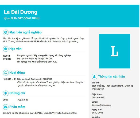 Mẫu CV Kỹ sư GIÁM SÁT CÔNG TRÌNH