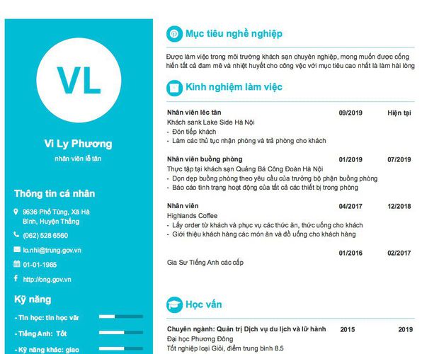 Mẫu CV nhân viên lễ tân