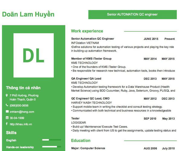 Mẫu CV Senior AUTOMATION QC engineer