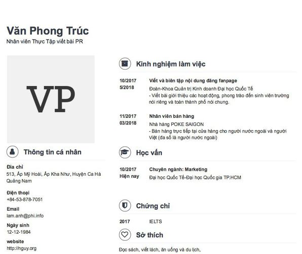 Mẫu CV Nhân viên Thực Tập viết bài PR