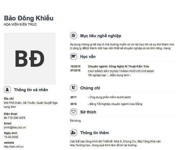 Mẫu CV HỌA VIÊN KIẾN TRÚC