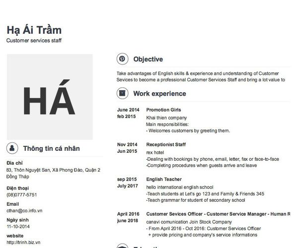 Mẫu CV Customer services staff