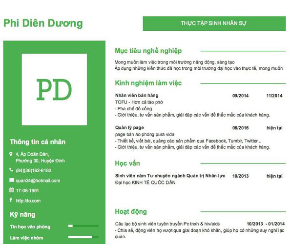 Mẫu CV THỰC TẬP SINH NHÂN SỰ