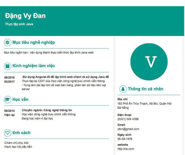 Mẫu CV Thực tập sinh Java