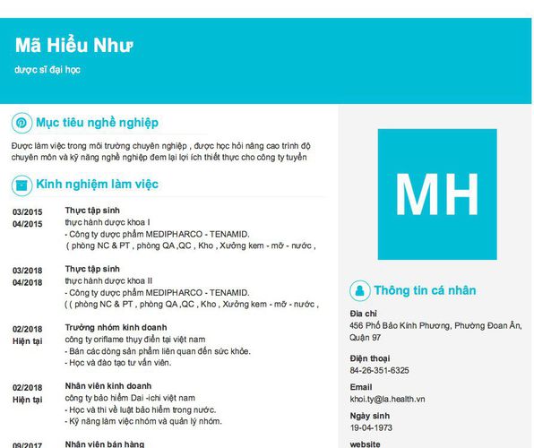 Mẫu CV dược sĩ đại học