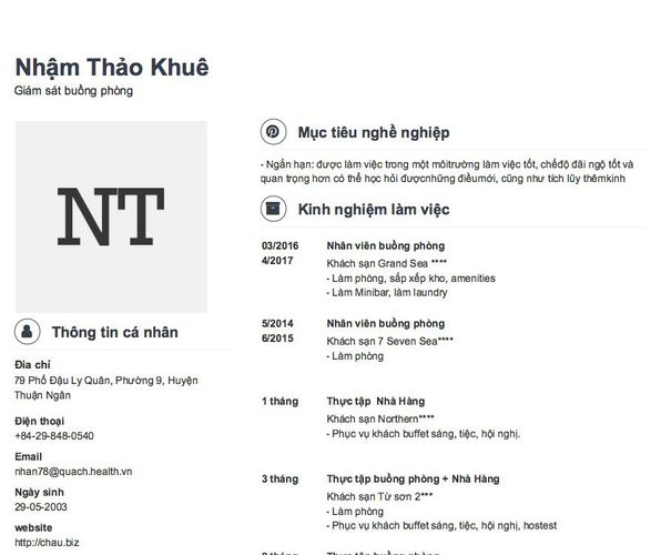 Mẫu CV Giám sát buồng phòng