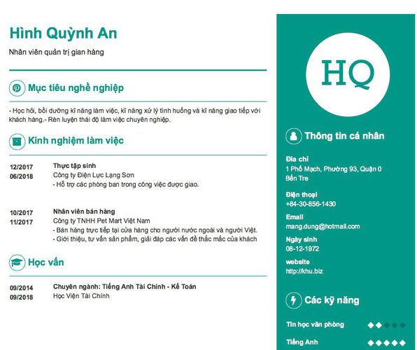 Mẫu CV Nhân viên quản trị gian hàng
