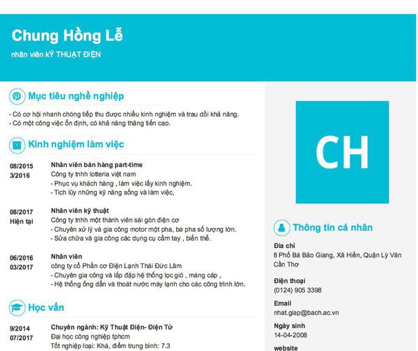 Mẫu CV nhân viên kỸ THUẠT ĐIỆN