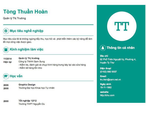 Mẫu CV Quản lý Thị Trường