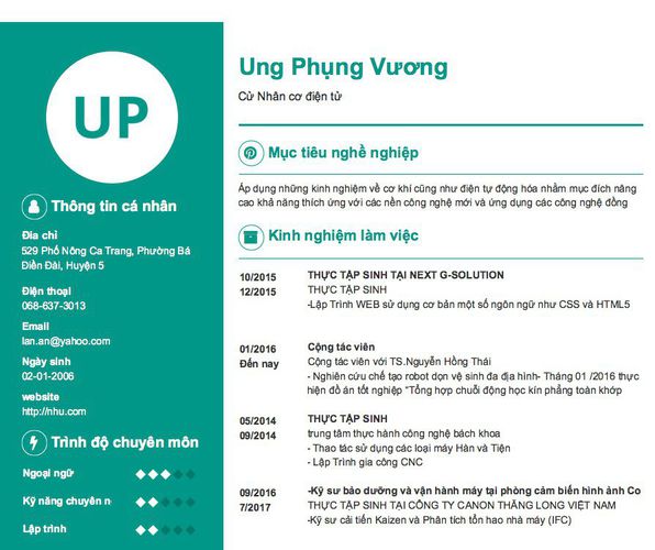 Mẫu CV Cử Nhân cơ điện tử