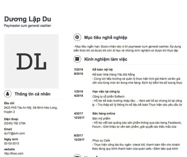 Mẫu CV Paymaster cum general cashier