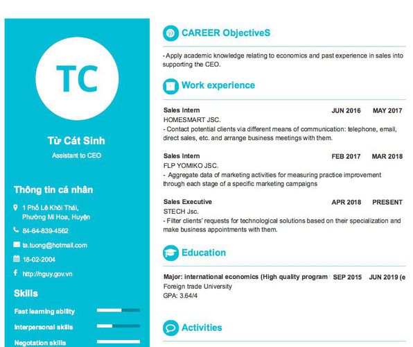 Mẫu CV Assistant to CEO