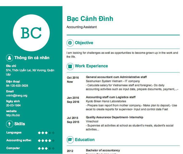 Mẫu CV Accounting Assistant