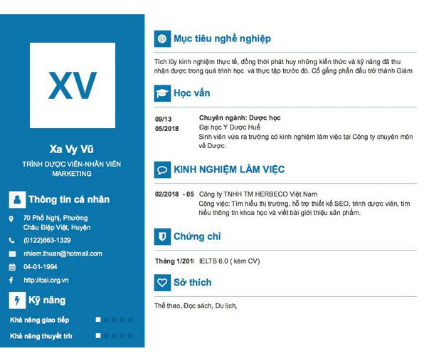 Gợi ý cách viết Mẫu CV tham khảo TRÌNH DƯỢC VIÊN-NHÂN VIÊN MARKETING