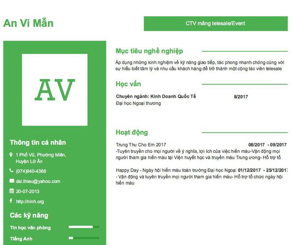 Mẫu CV CTV mảng telesale/Event