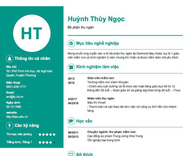 Mẫu CV Bộ phận thu ngân