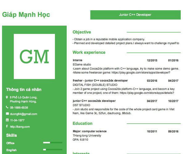 Mẫu CV Junior C++ Developer