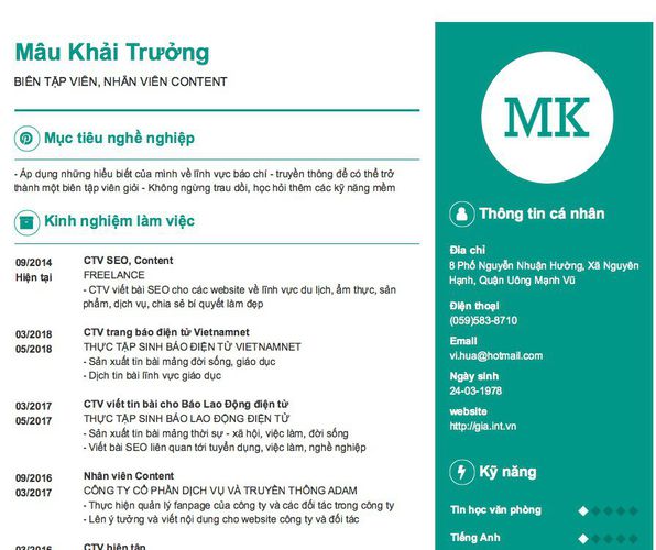 Mẫu CV BIÊN TẬP VIÊN, NHÂN VIÊN CONTENT