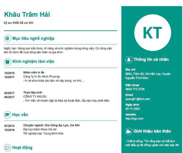 Mẫu CV kỹ sư thiết kế cơ khí