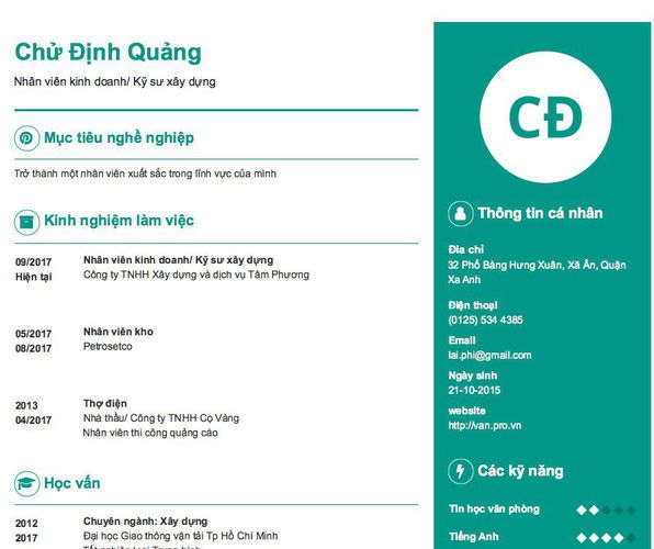 Mẫu CV Nhân viên kinh doanh/ Kỹ sư xây dựng