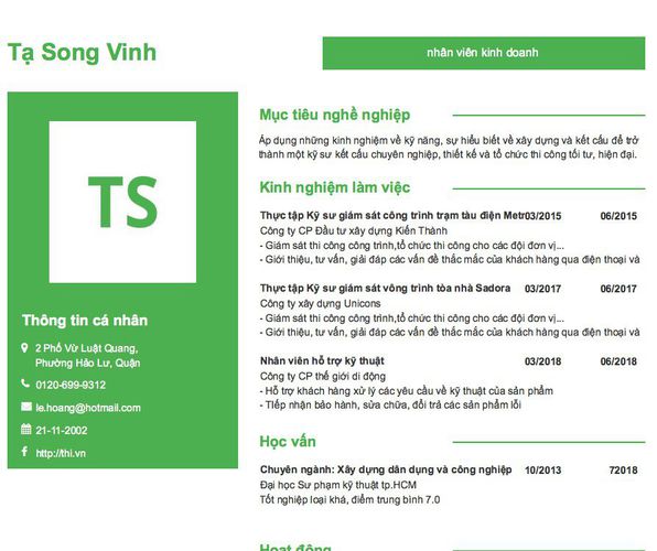 Mẫu CV nhân viên kinh doanh