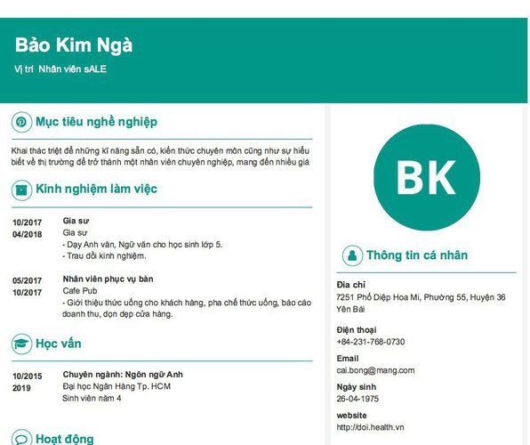 Mẫu CV Vị trí  Nhân viên sALE