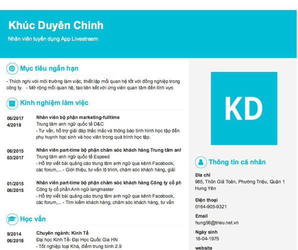 Gợi ý cách viết Mẫu CV tham khảo Nhân viên tuyển dụng App Livestream