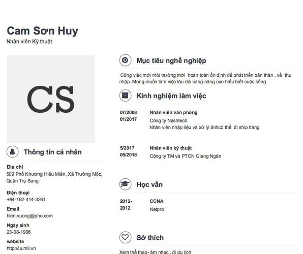 Mẫu CV Nhân viên Kỹ thuật