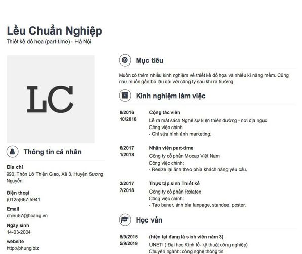 Mẫu CV Thiết kế đồ họa (part-time) - Hà Nội