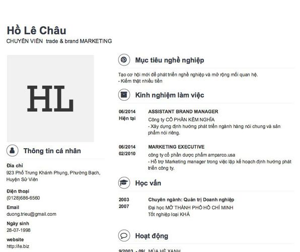 Gợi ý cách viết Mẫu CV tham khảo CHUYÊN VIÊN  trade & brand MARKETING