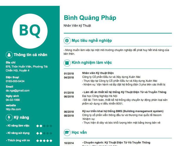 Mẫu CV Nhân Viên kỹ Thuật