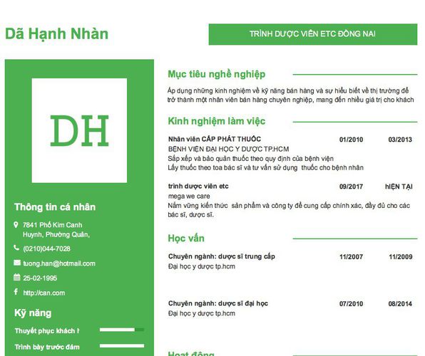 Gợi ý cách viết Mẫu CV tham khảo TRÌNH DƯỢC VIÊN ETC ĐỒNG NAI