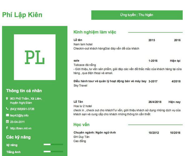 Mẫu CV Ứng tuyển ; Thu Ngân