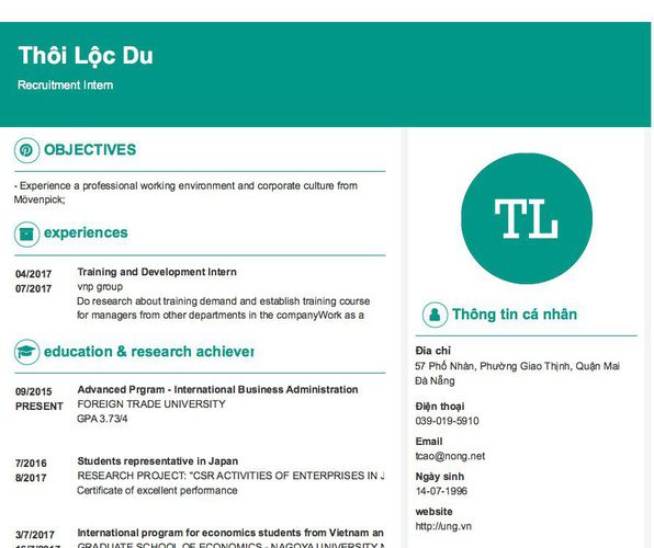 Mẫu CV Recruitment Intern