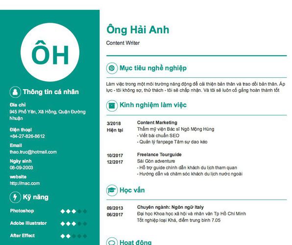 Mẫu CV Content Writer