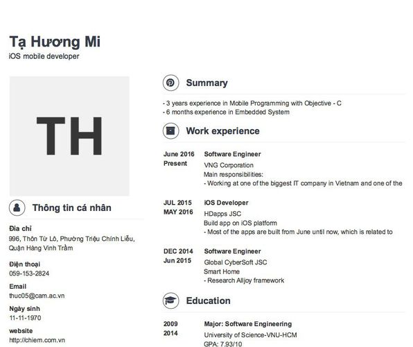 Mẫu CV iOS mobile developer