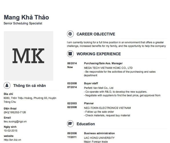 Mẫu CV Senior Scheduling Specialist