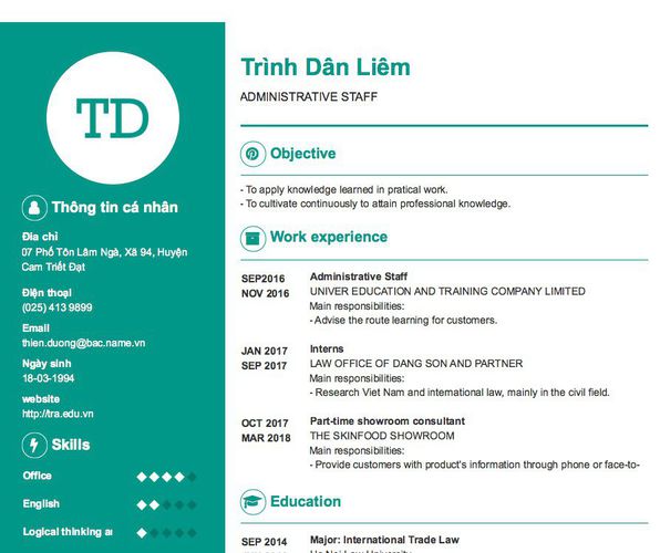 Mẫu CV ADMINISTRATIVE STAFF