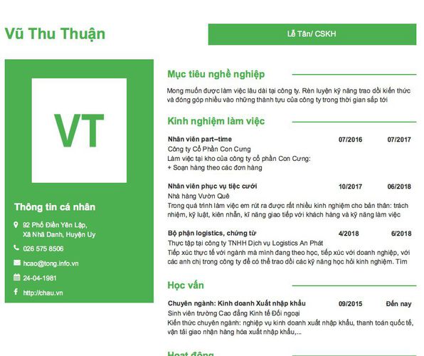 Mẫu CV Lễ Tân/ CSKH