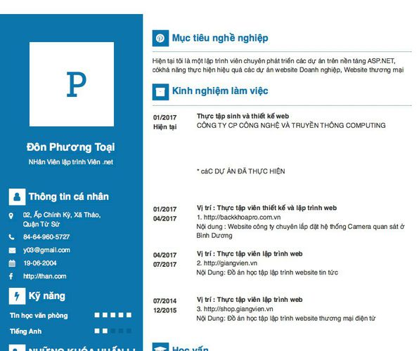 Mẫu CV NHân Viên lập trình Viên .net