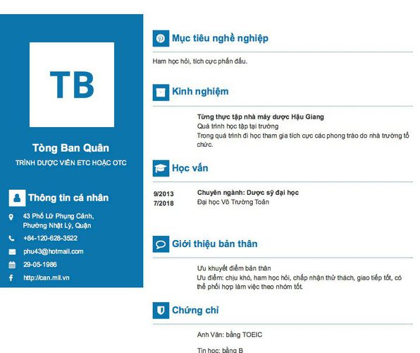 Mẫu CV TRÌNH DƯỢC VIÊN ETC HOẶC OTC